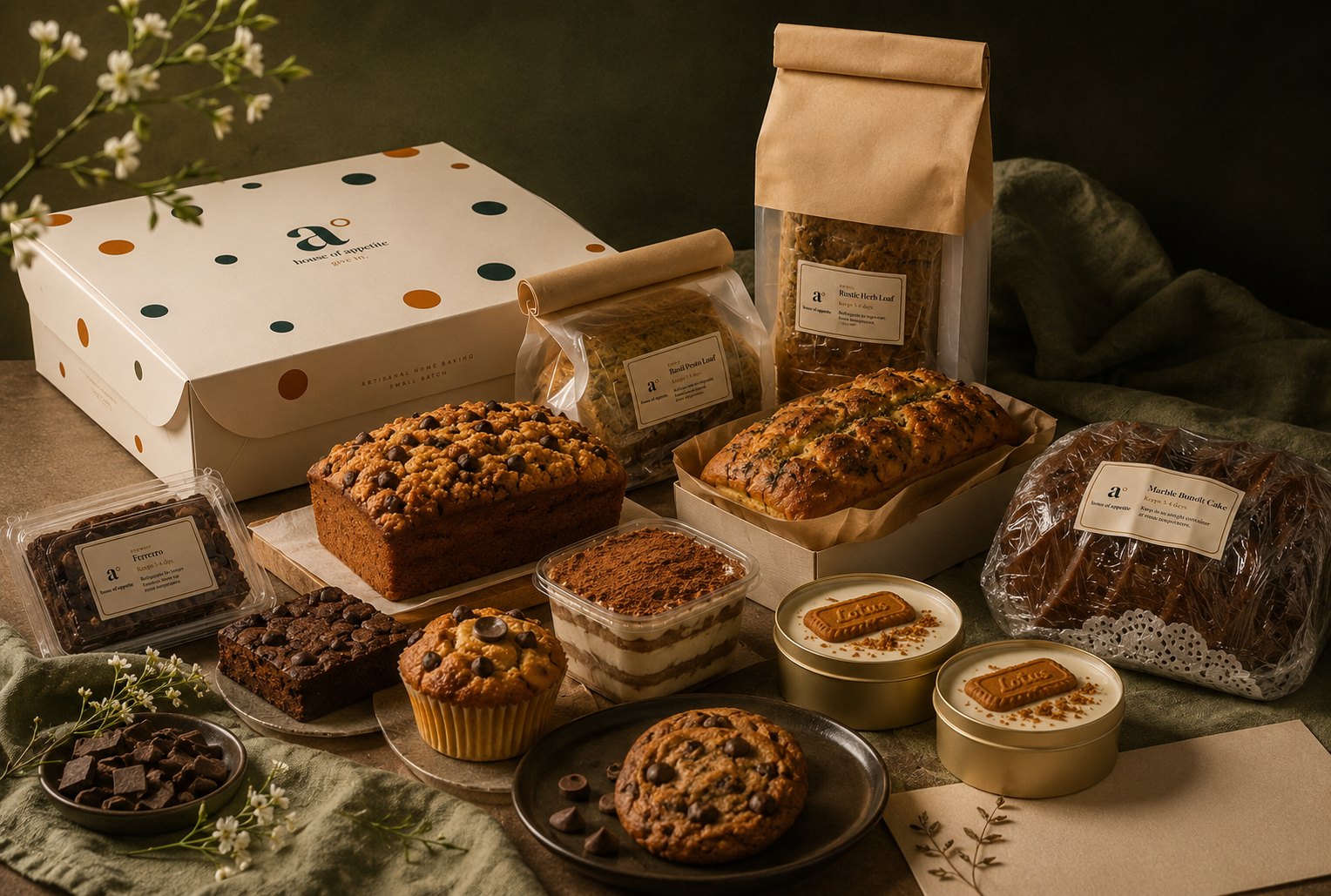 A spread of House of Appetite bakes — loaves, cheesecake, brownies and desserts